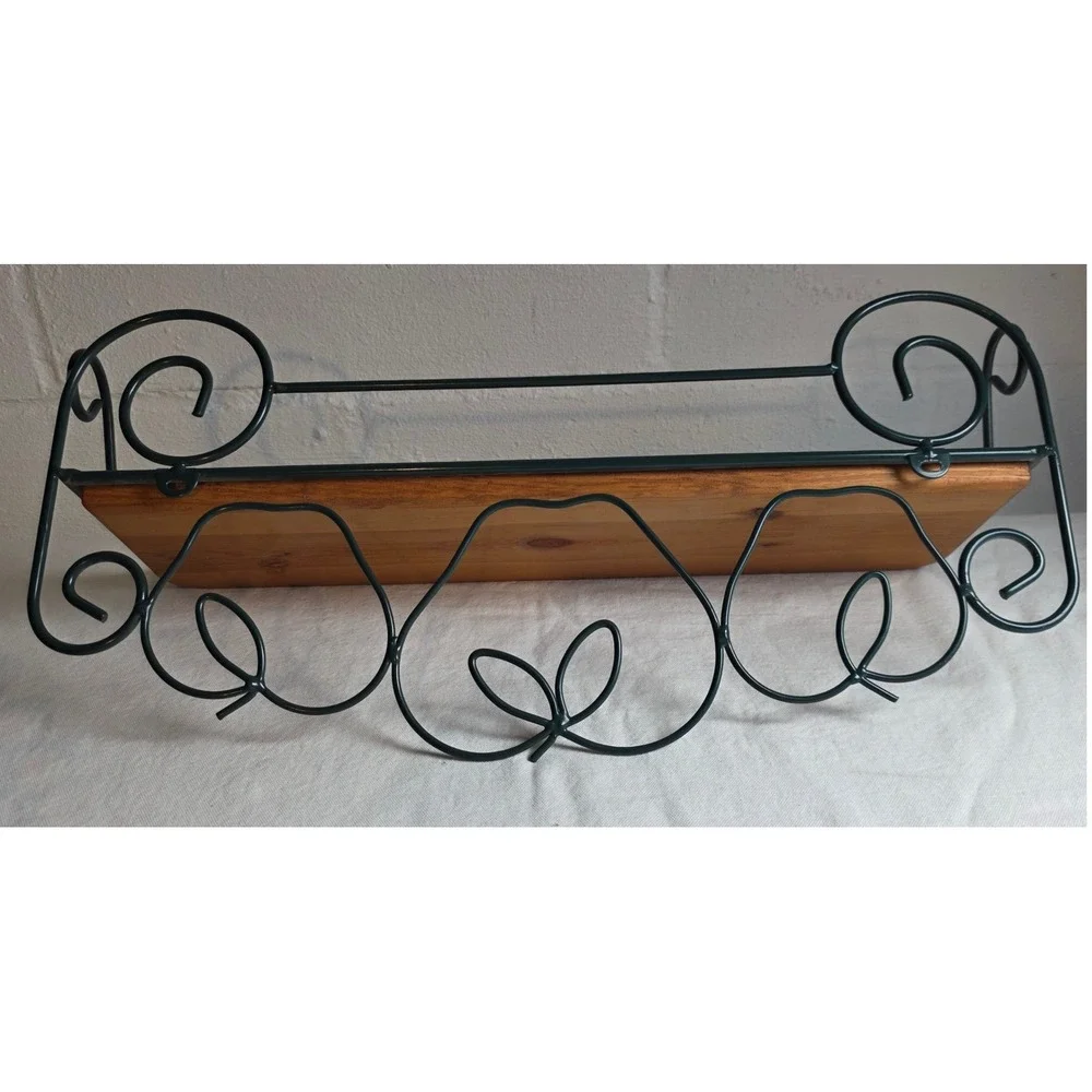 Vintage 90s Home Interiors Wood and Wrought Iron Apple Shelf Towel Bar Red Green